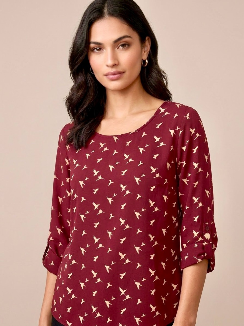 EVERLY Burgundy Hummingbird Print Roll-Tab Sleeve Blouse Top Wine Red Bird Sz L